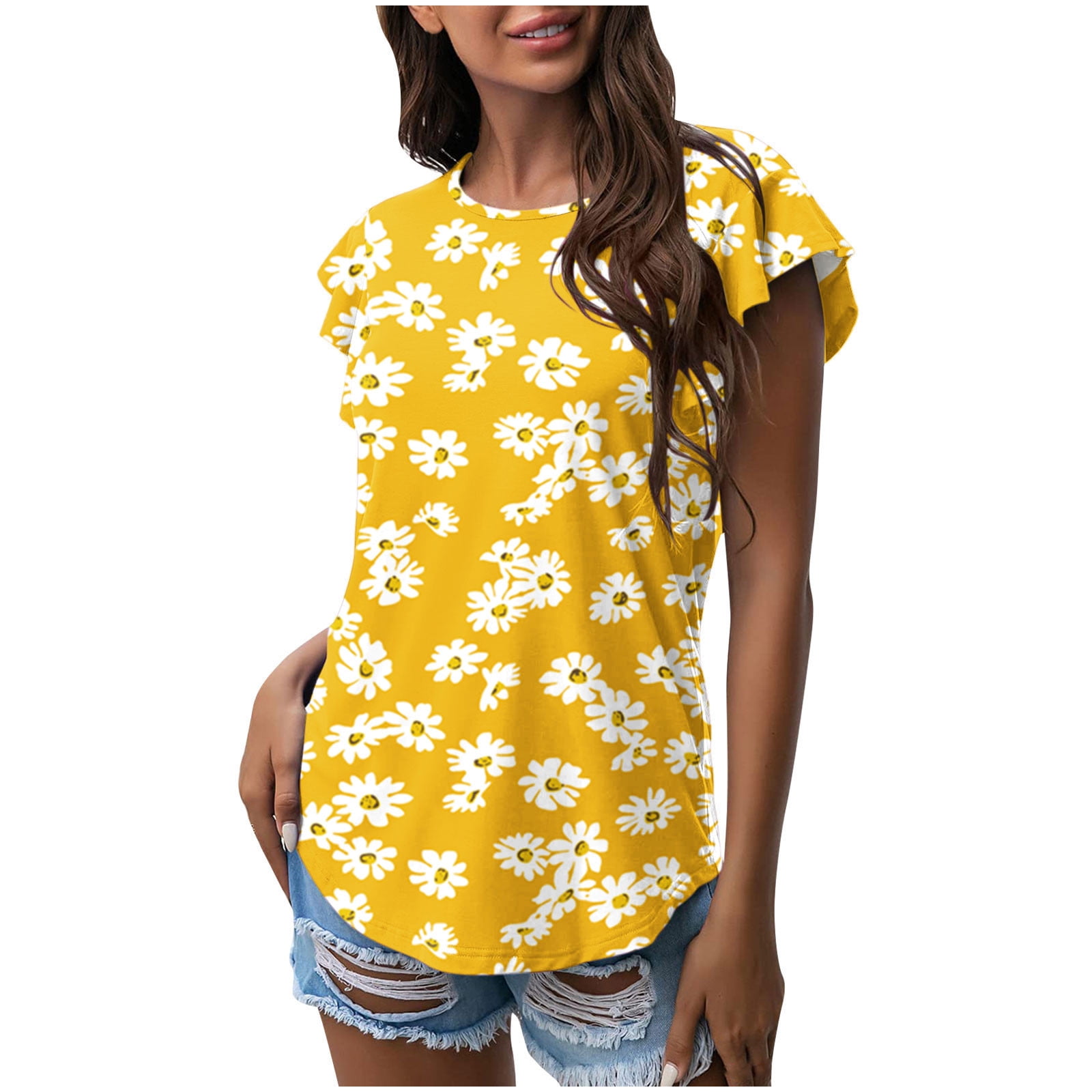 JGGSPWM Womens Daisy Flower Print Tunic Shirts Casual Crewneck Neck