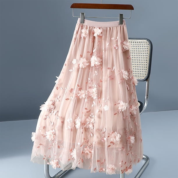 TaTaai Women High Waist Double Layer Mesh 3D Floral Appliqué Midi Skirt Lightweight Breathable Soft Machine Washable No Fading Versatile Daily Office Party Casual Wear Midi Skirt Gift