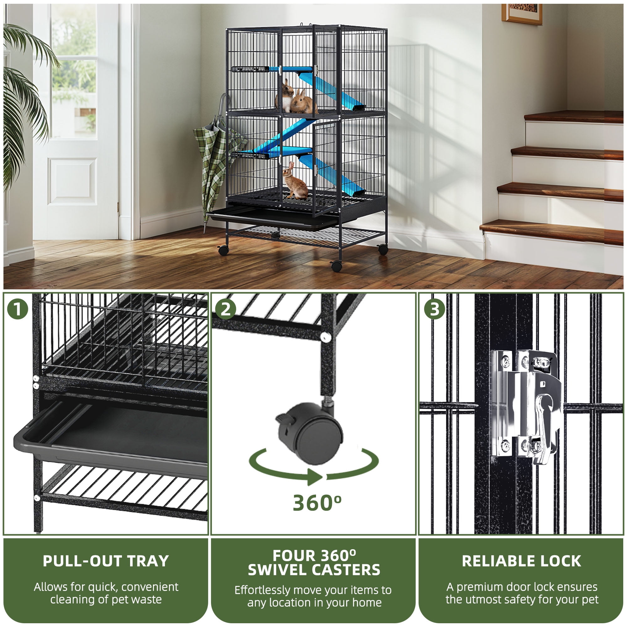 Uforic Small Animal Cage  with Platforms & stair , Indoor Metal 4-Tiers Animal Cage for Rabbits, Chinchillas and Hamsters,4 universal 360 °wheels,Black