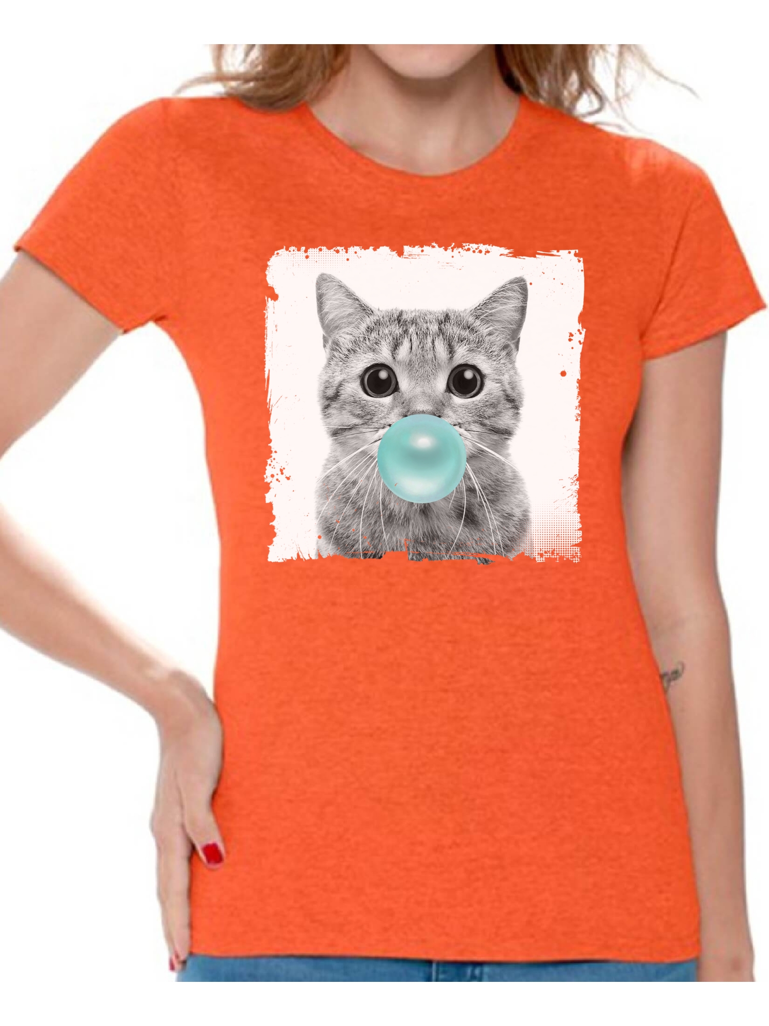 Awkward Styles Funny Animal Clothes Shirt for Woman Lovely Animal Lovers Gifts for Her Cat Clothing Cat T Shirt Cute Animal T Shirt Baby Cat Shirt Women T Shirt Little Cat Blowing Gum T Shirt - image 1 of 4