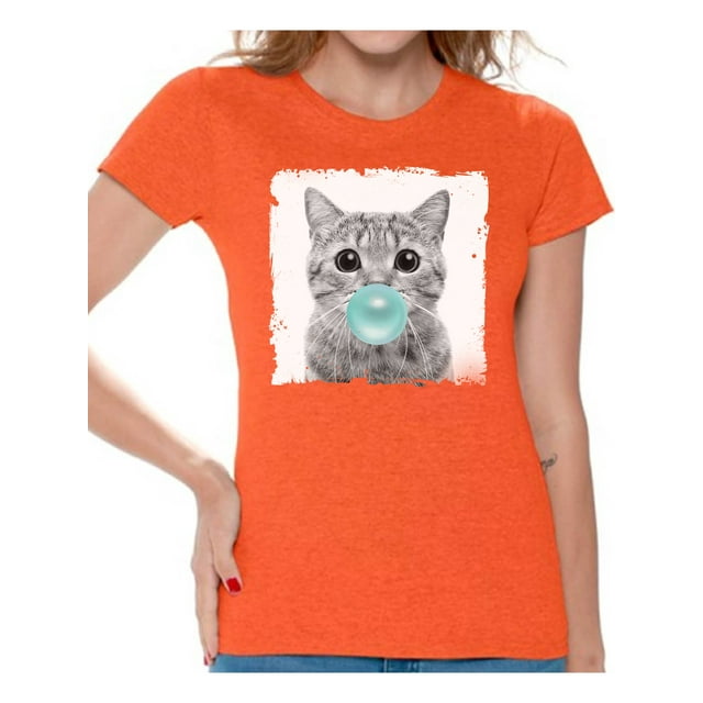 Awkward Styles Funny Animal Clothes Shirt for Woman Lovely Animal Lovers Gifts for Her Cat Clothing Cat T Shirt Cute Animal T Shirt Baby Cat Shirt Women T Shirt Little Cat Blowing Gum T Shirt