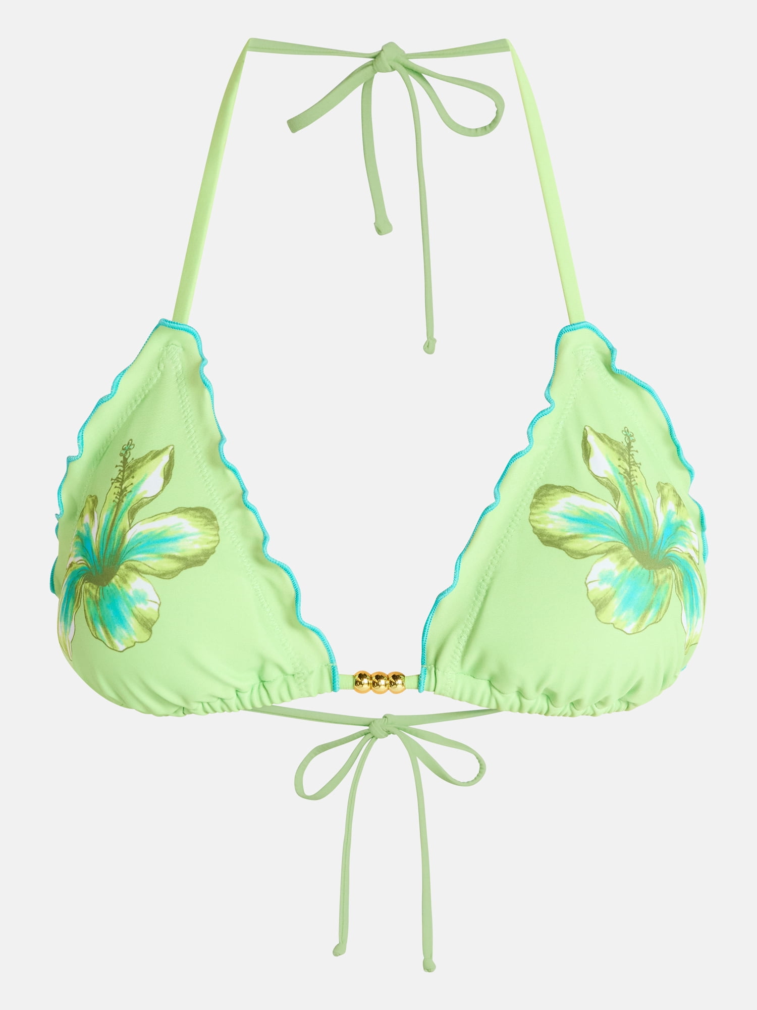 No Boundaries Hibiscus Lettuce Edge Triangle Halter Bikini Top, Women's XXS-XXL
