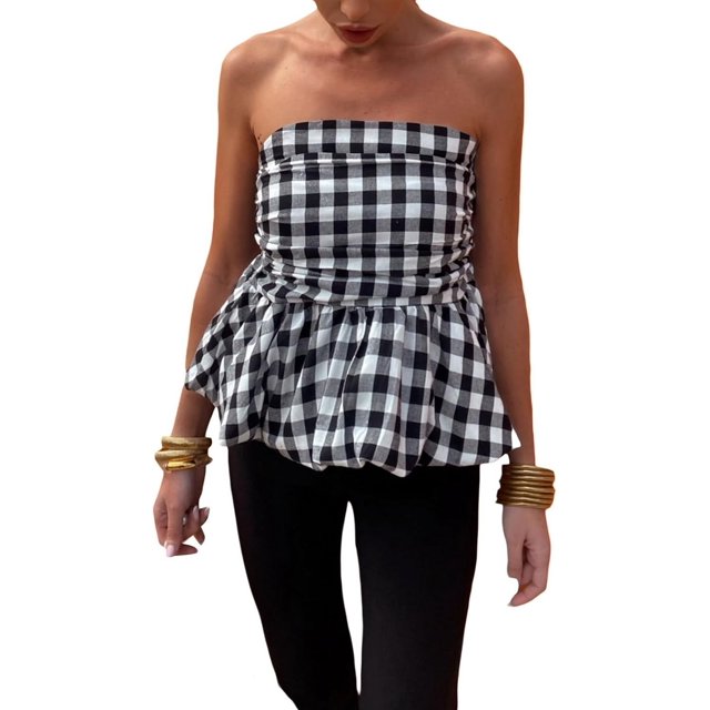 Faymlc Women Y2k Peplum Tube Top Smocked Back Ruffle Hem Bandeau Top Bubble Hem Strapless Flowy Tank Tops