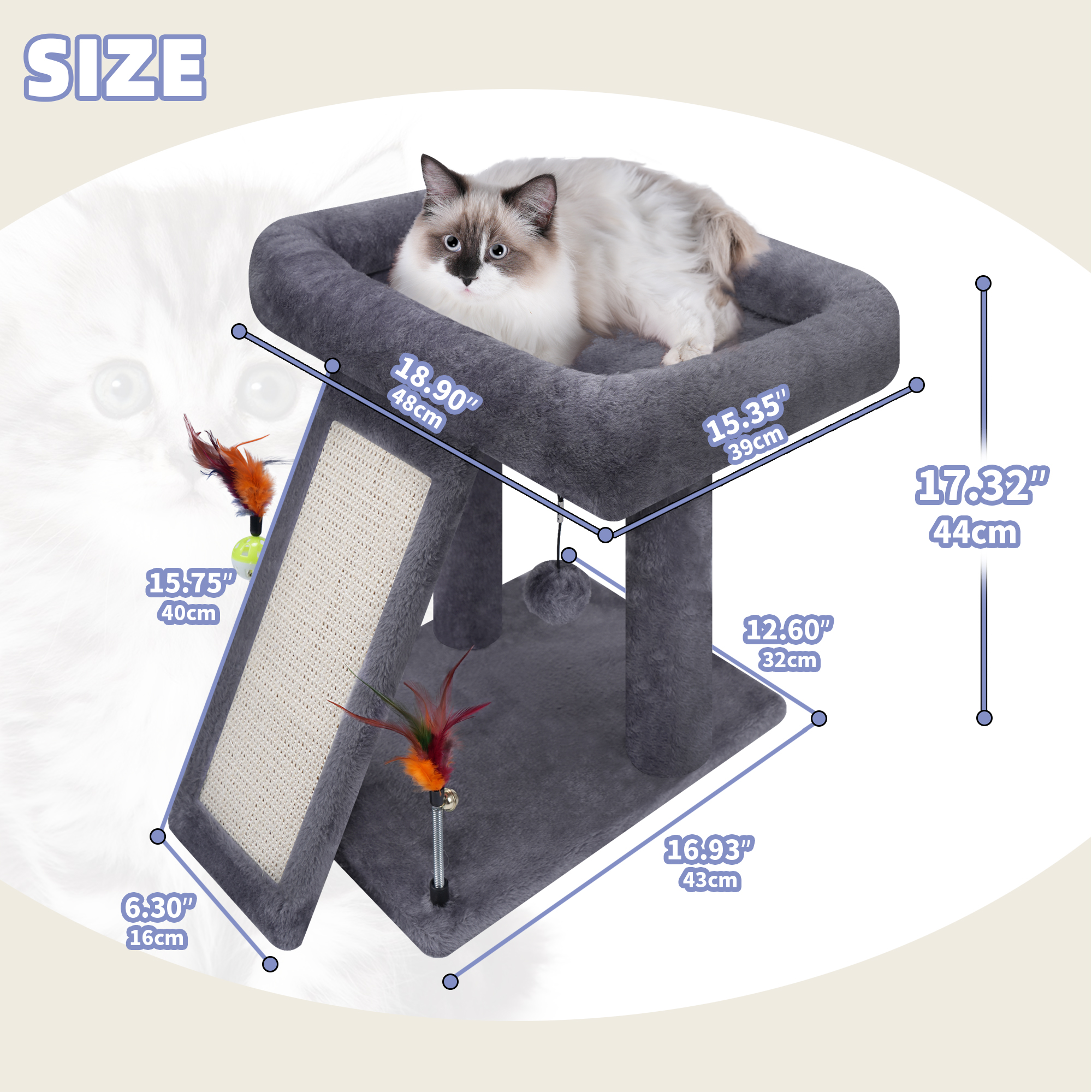 WK 17.7" Cat Tree Tower with Toy Balls and Scratching Board, Grey photo 5
