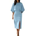 thumbnail image 2 of RFQWOVSR Women's Solid Color Elegant Round Neck Short Sleeve Top Midi Skirt 2 Piece Set Casual Office Summer Dress Outfit S, 2 of 6