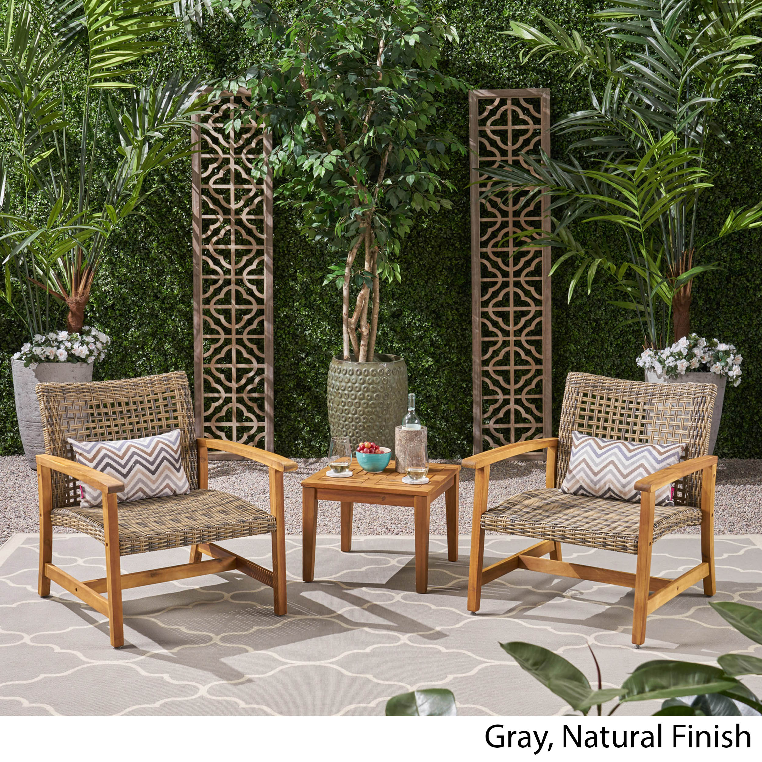 Camdyn Outdoor 3 Piece Wood and Wicker Club Chairs and Side Table Set, Gray - image 5 of 8