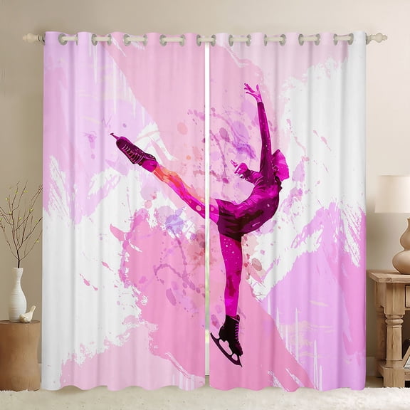 Feelyou Teens Skating Athlete Black Out Curtains, Pink Art Watercolor Curtains Pack of 2 (42x63 Each), Eat Sleep Ice Skates Bedroom Curtains, Living Room Curtains Decor