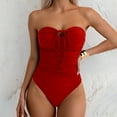 thumbnail image 5 of Women Strapless Bathing Suits Ruched Halter Bandeau One Piece Swimsuit for Women Ruched Tummy Control Bathing Suit Push Up Slimming Swimwear Women's Solid Color Pleated Bandeau Swimsuit With Front Ti, 5 of 9