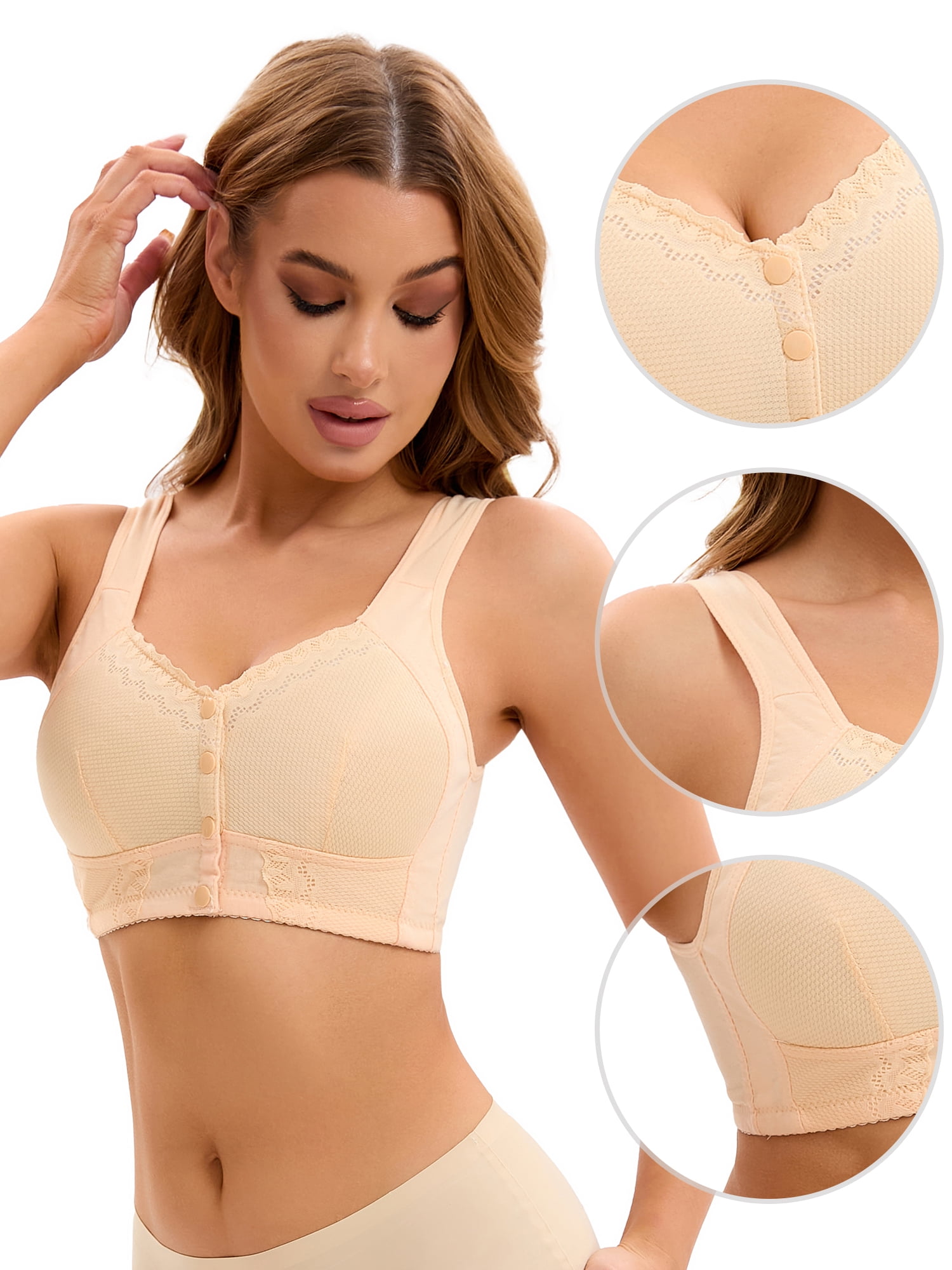 DARING DIVA Women's Full Coverage Lace Front Closure Vest Sports Bras Beige S