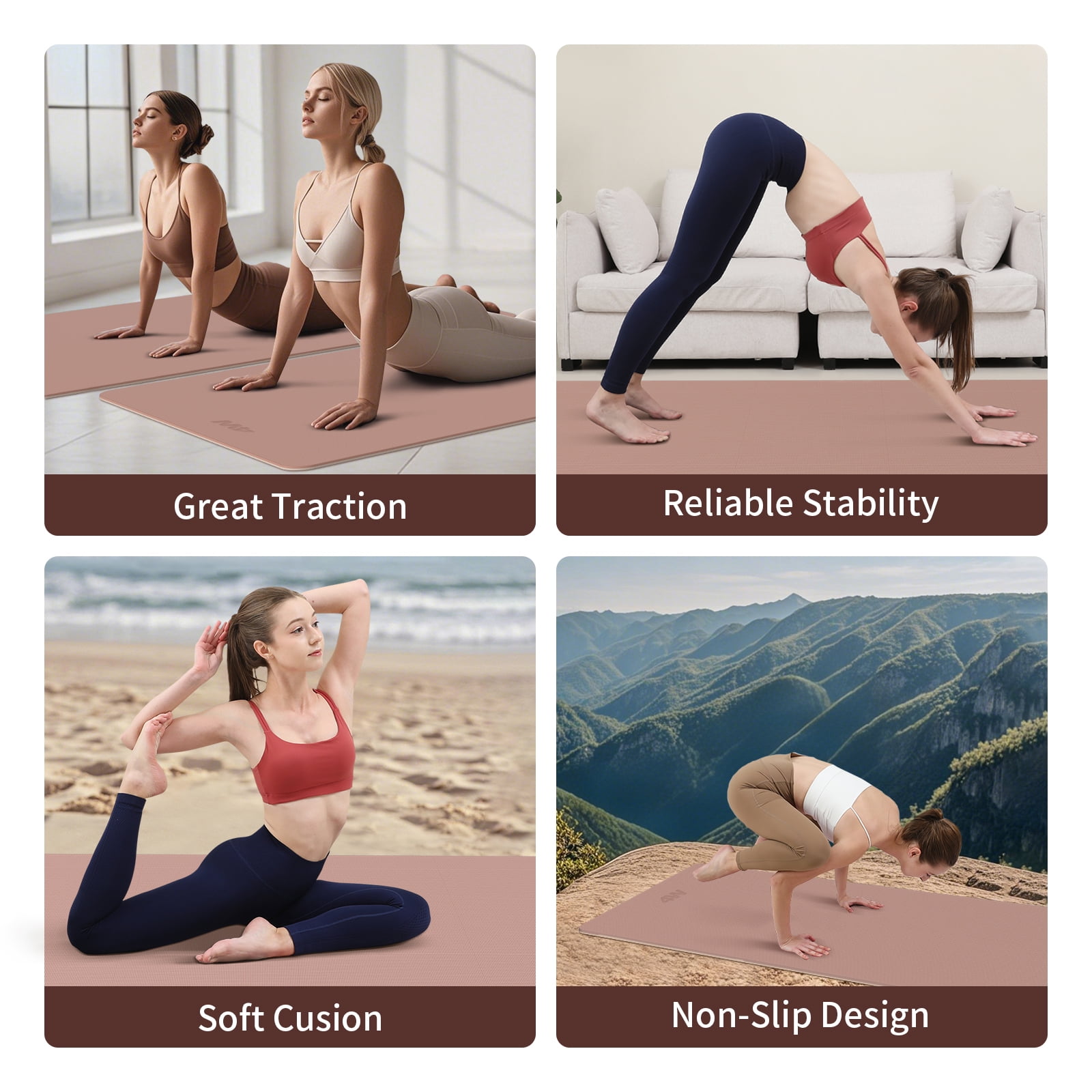 4W 10mm Thick Yoga Mat- TPE Non-Slip Exercise Mats with Strap for Home Workout/Pilatesfor Women Men72"×26"(Brown+Apricot)