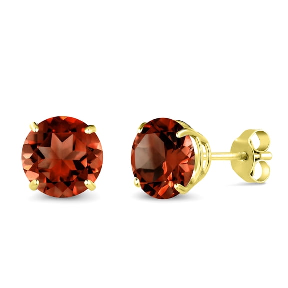 Gem Stone King 14K Yellow Gold Red Garnet Stud Earrings for Women Men (3.00 Cttw, Gemstone January Birthstone, Round 7MM)
