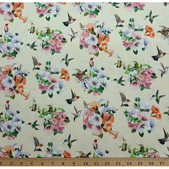 Cotton Flowers Floral Dating Game Hummingbirds Animals Birds Cream Cotton Fabric Print by the Yard (40007-CREAM) by Elizabeth Studios
