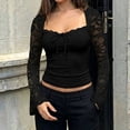 thumbnail image 2 of ClodeEU Women's Square Neck Long Sleeve Top with Lace Patchwork ,Casual Solid Color Slim Fit Blouse Black,Women's Plus L, 2 of 6