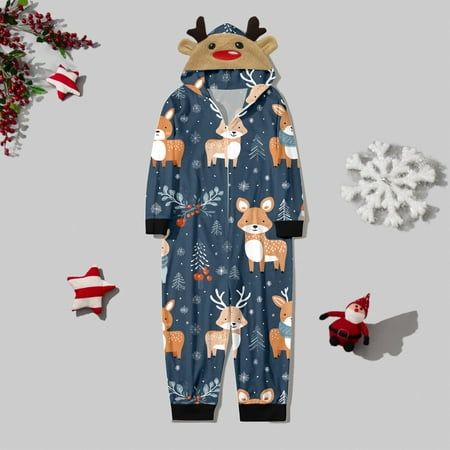 

Christmas Long Sleeve Cute Deer Head Hoodie Kids Jumpsuit Soft Zipper Romper Sleepwear Holiday Family Matching Pajamas Outfit