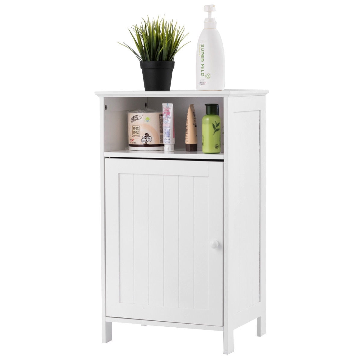 Gymax Bathroom Floor Storage Cabinet Side Table Freestanding Adjustable ...