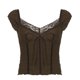 thumbnail image 4 of Prenda de punto con cuello en V, patchwork de encaje y lazo para mujer: top clásico con cintura, manga corta, tejido suave, ideal para llevar a diario en primavera/verano., 4 of 5