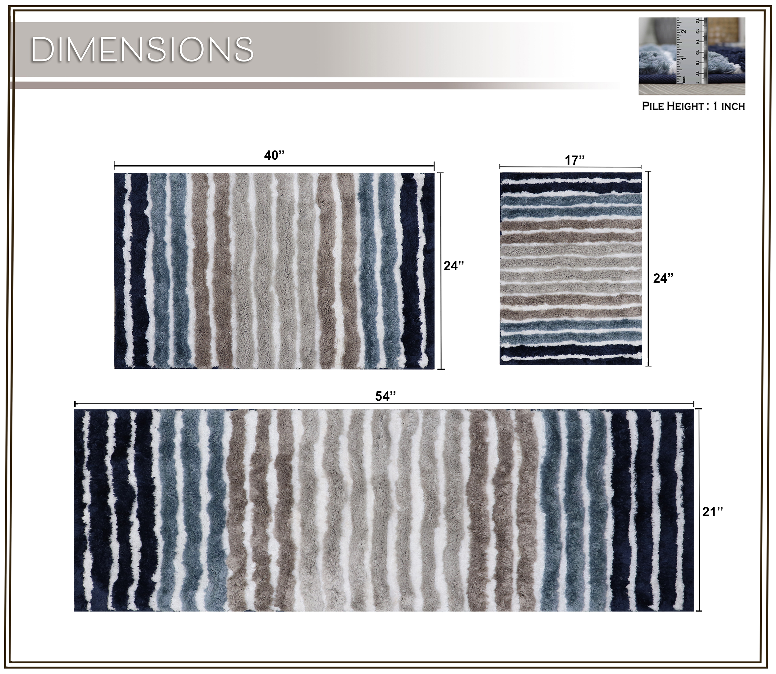 Bathroom Rugs Set of 3, Soft Microfiber Bath Mats, Absorbent & Quick Drying, Non-Slip Rubber Backing, Machine Washable Bathroom Floor Mats for Tub, Shower, Sink – 21x54, 24x40, 17x24 Navy