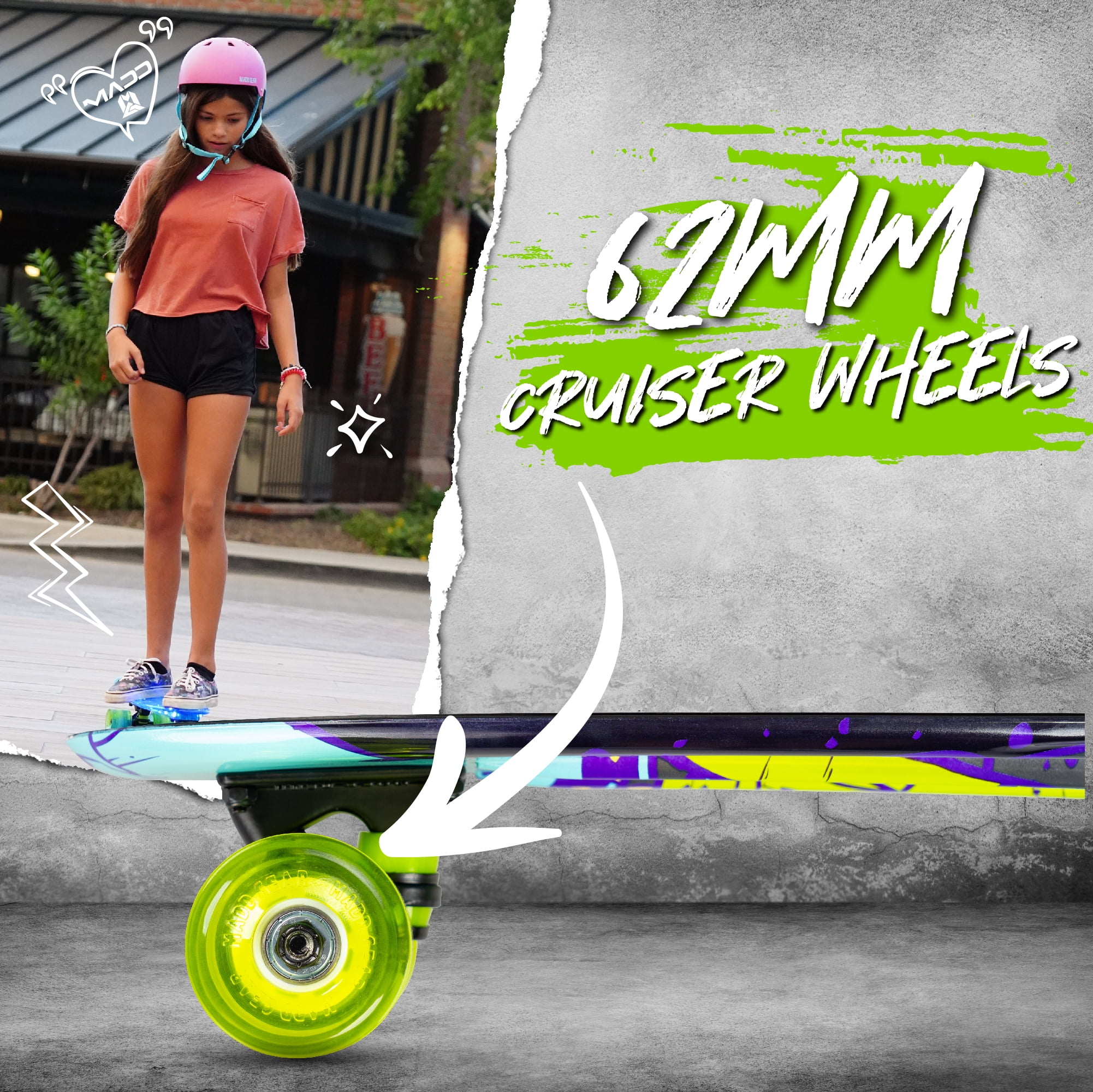Madd Gear 22" Retro Beginner Skateboard Mini Cruiser- 62 mm Wheels - Rock'N- Beginner Penny Style Board