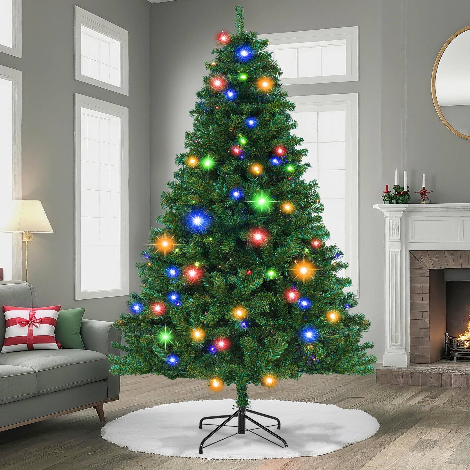 Funcid 6ft Pre-Lit Green Artificial Christmas Tree with 250 Colorful LED Lights and 1477 Branch Tips, Hinged Full Christmas Tree w/ Foldable Metal Stand, 8 Light Sequences for Home Holiday Decoration
