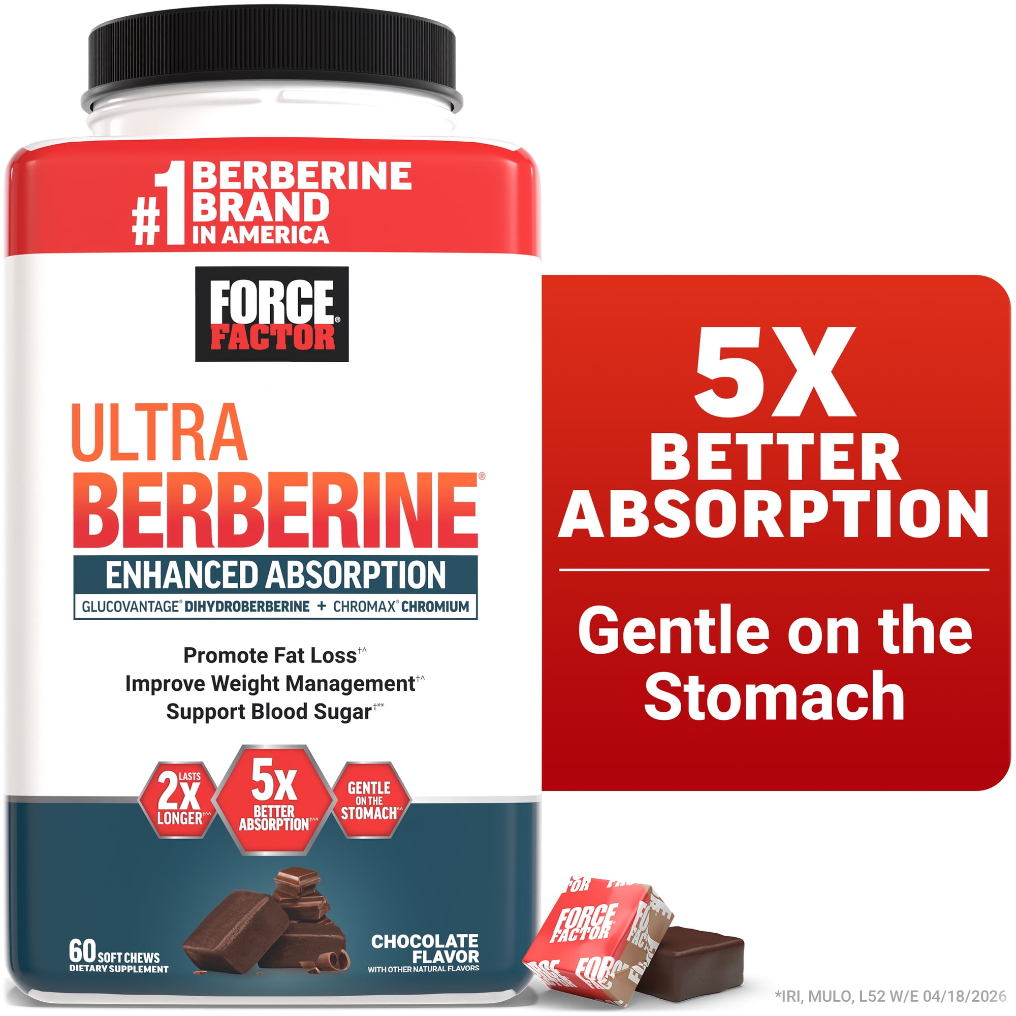 Force Factor Ultra Berberine Enhanced Absorption for Fat Loss, Blood Sugar & Metabolism Support, Gentle on The Stomach, Chocolate, 60 Soft Chews