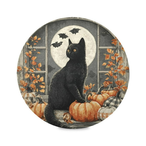 WOBOGO Halloween Kitten Round Placemats Set of 1 Heat Resistant Washable Kitchen Table Decorations 15.4in