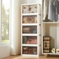 thumbnail image 3 of VECELO 5-Pack Folding Storage Bins with Lids & Wheels, Stackable Collapsible Plastic Storage Boxes with Open Front Door, Storage Containers for Bedroom Living Room Kitchen Study Office, White, 3 of 9