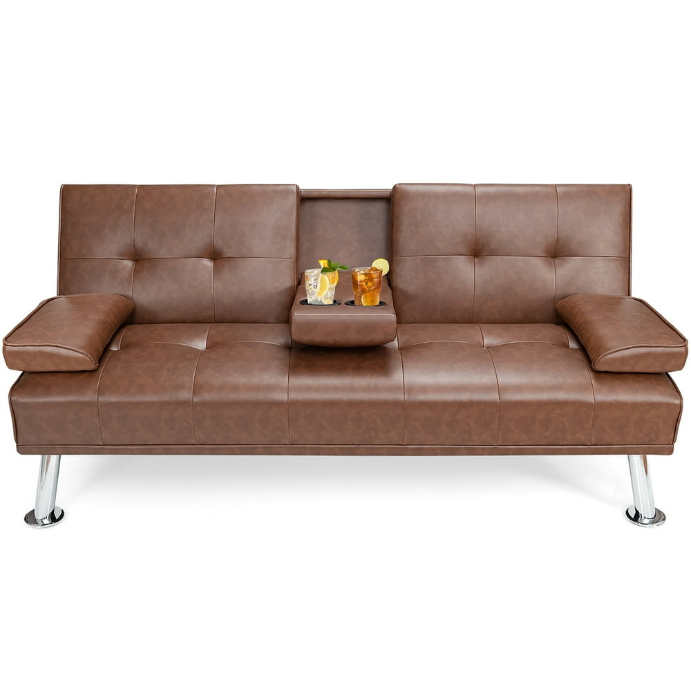 Costway Convertible Folding Futon Sofa Bed Leather w/Cup Holders