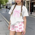 thumbnail image 2 of Kilaqueen Girls 2 Piece Outfits Summer Short Sleeve Bow Cherry Print Tops and Leopard Shorts Sets Tracksuits Sports Suits, 2 of 6