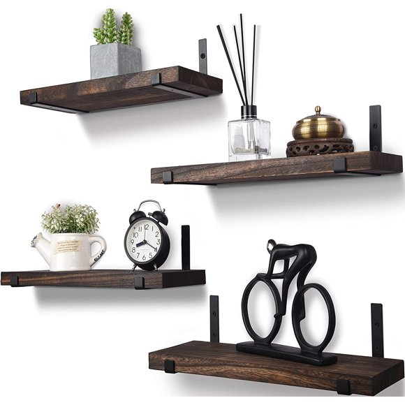 HXSWY Étagères Flottantes en Bois Rustique pour Mur Étagère Murale en Bois pour Salle de Bain Cuisine Chambre Salon Ensemble de 4 Brun Foncé
