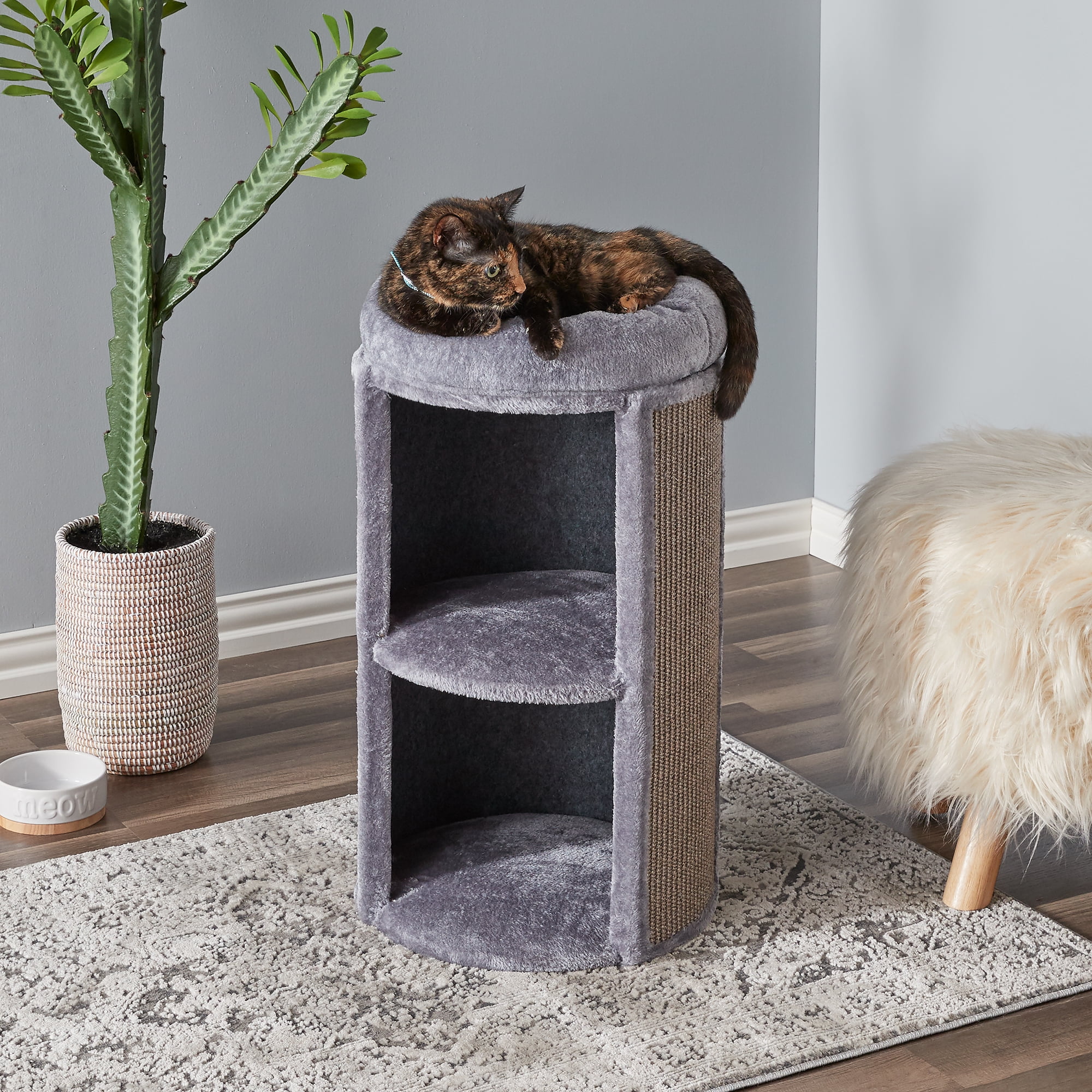 Two by Two Juniper Two-Level 25.5-inch Column Style Cat Condo, Bed and Scratch Pad