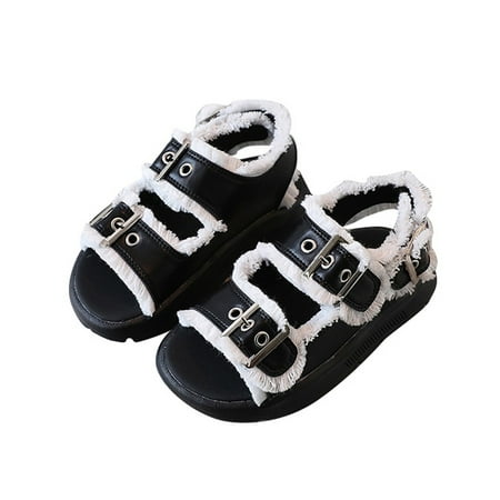 

Youmylove Big Kids Girl Sandals Summer Pink Black Hairy Edge Adjustable Ankle Width Soft Bottom With Princess Shoes Child Lovely Footwear First Walking