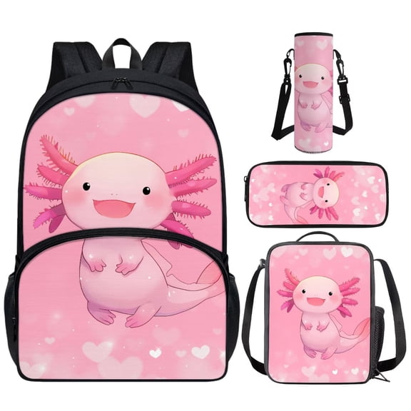 Yuyamidu Axolotl Backpack for Kids with Lunchbox 3rd Grade Elementary School Bag and Lunch Bag Pencil Case Water Bottle Pouch Cute Children Bookbag Set of 4 Pink Book Bag for Girls 6-8