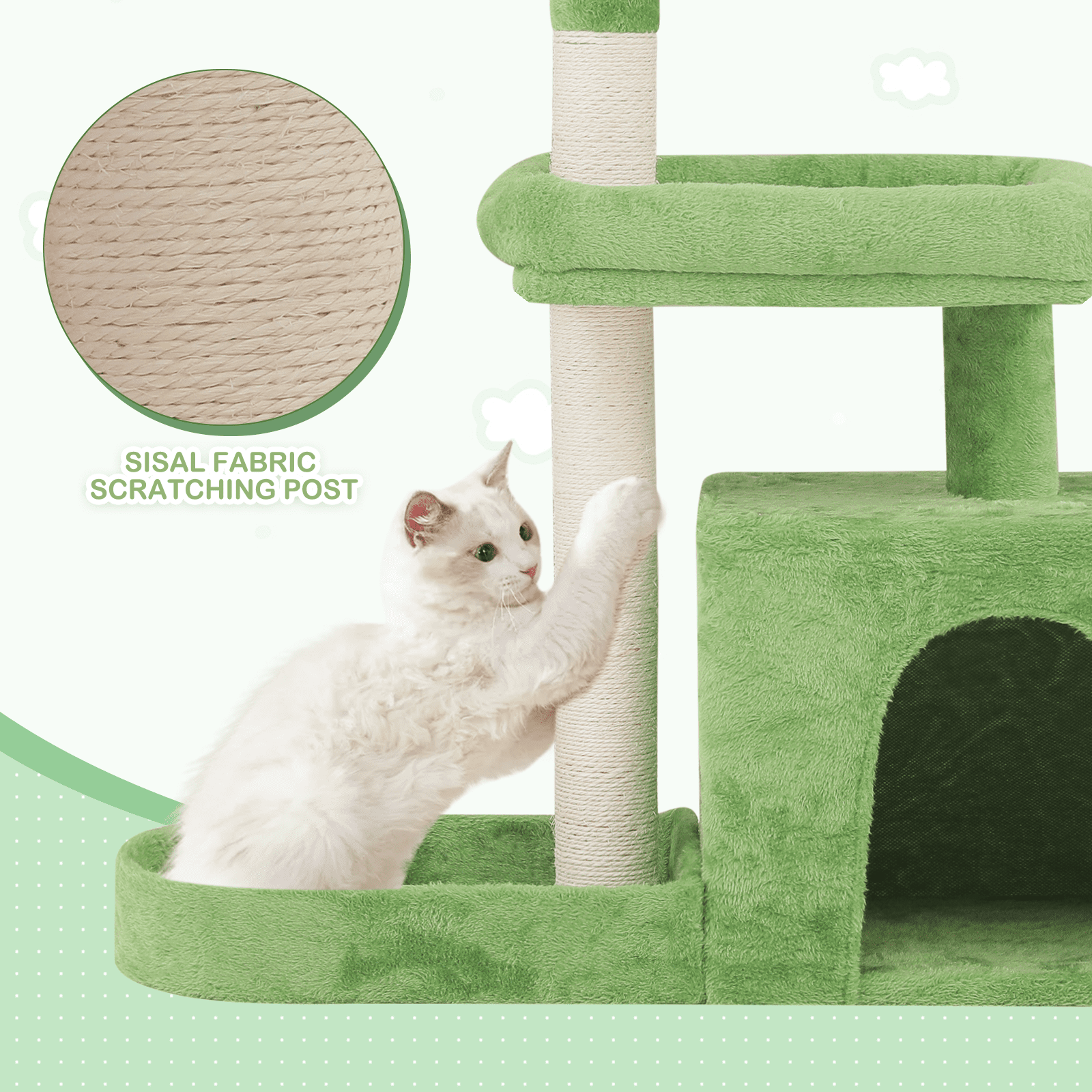 MoNiBloom 32" Cat Tree Tower with Leaf Design, Scratching Posts, Perch, Cat Cave and Hanging Ball for Indoor Cats, Lawn Green