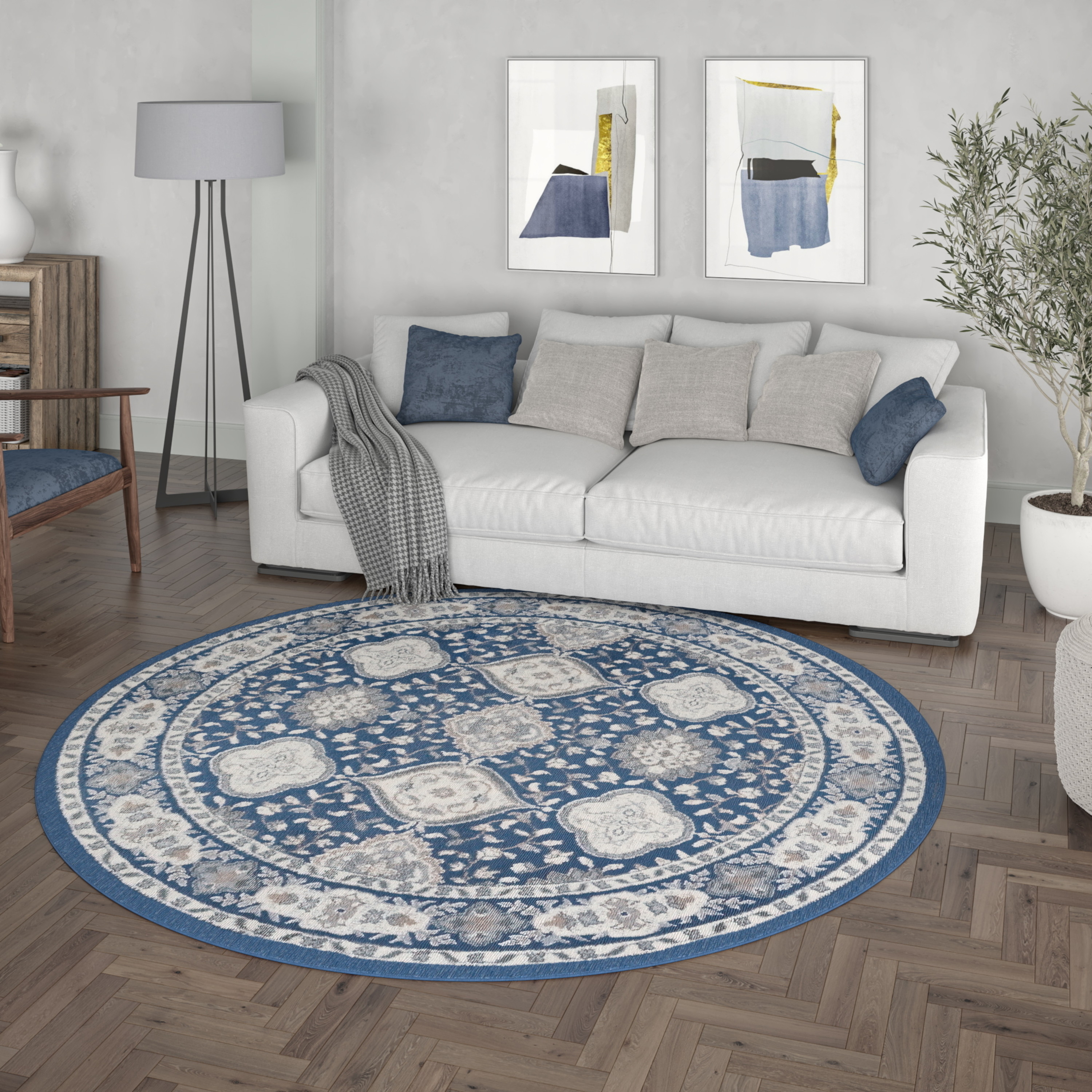 Madison Traditional 8' Round Navy and Cream Polypropylene Indoor Area Rug