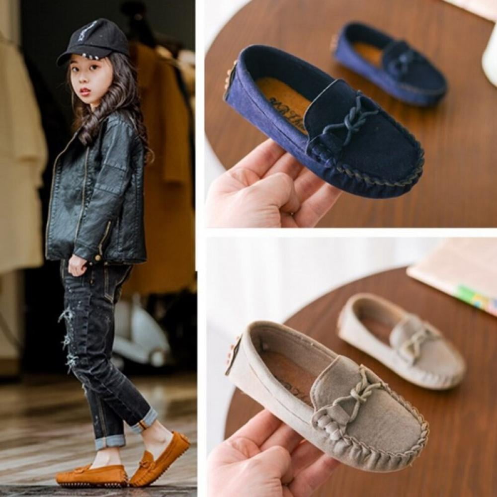 Kids Boys Girls Slip On Leather Flat Loafers Casual Soft Boat Shoes Blue Brown 