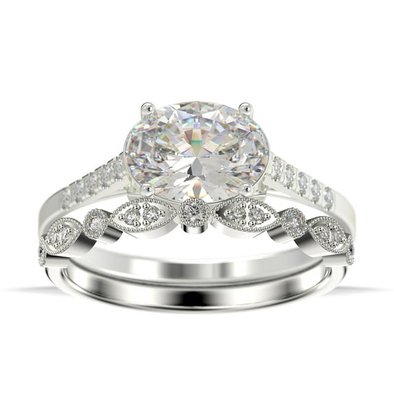 Dazzling Minimalist Art Deco 2.00 Carat Oval Cut Diamond Moissanite Unique Engagement Ring, Wedding Ring, One Matching Band in 10k Solid White Gold, Gift For Woman, Promise Ring