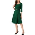 thumbnail image 4 of INSPIRE CHIC Women's Work Elegant Square Neck 3/4 Sleeve Belted Pleated a Line Church Midi Dress XS Dark Green, 4 of 5