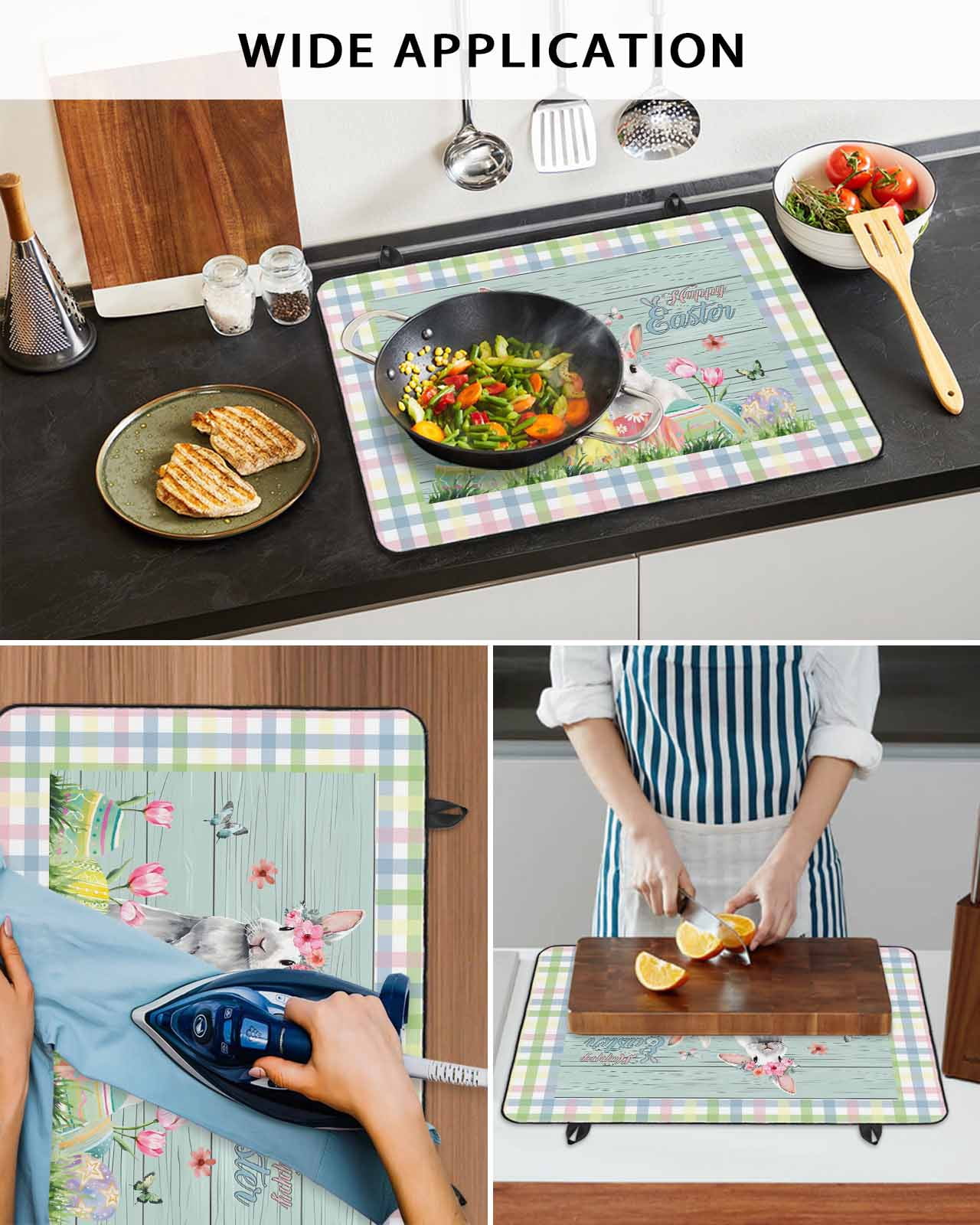 Large Induction Cooktop Protector Mat Bunny Easter Stove Top Covers for Electric Stove, Spring Floral Eggs Animals Wooden Decorative Stove Burner Cover Mats, Glass Top Stove Cover