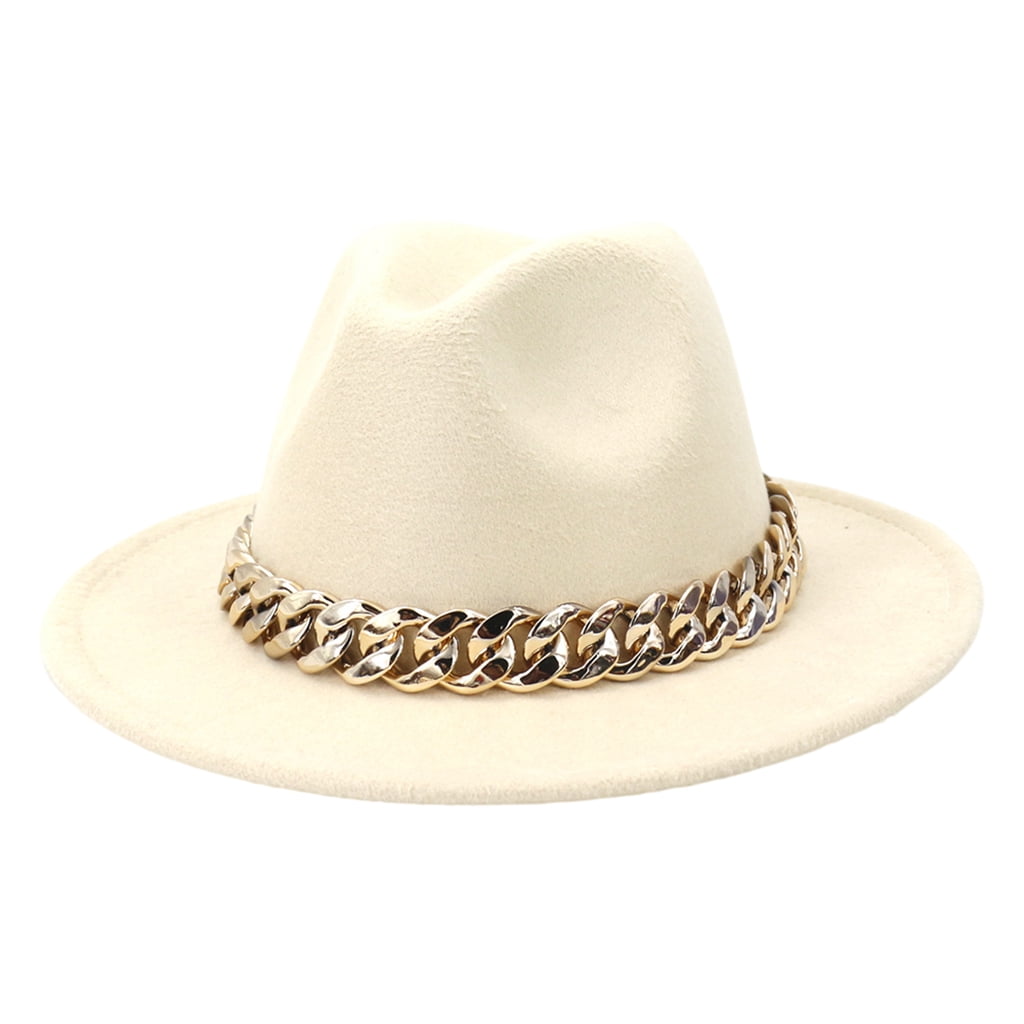 Elegant Wide Brim Fedora Hat with Chain 