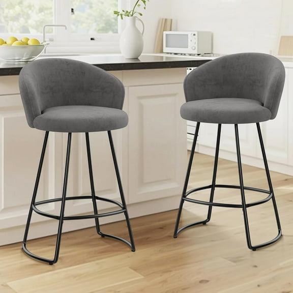 Counter Height Bar Stools Set of 2, 26" Velvet Barstools Modern Bar Stools with Back, Kitchen Counter Stool Bar Chairs Grey
