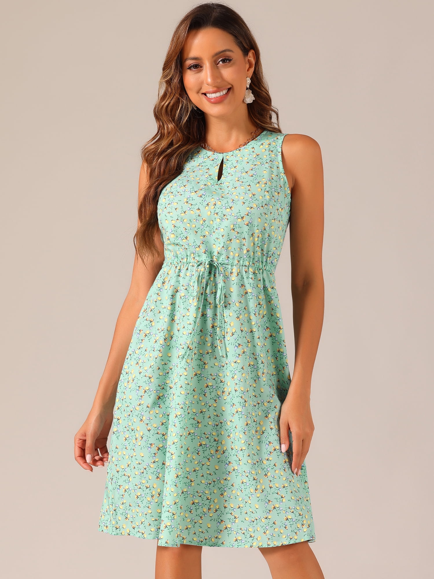DARING DIVA Floral Sleeveless Drawstring Waist A-Line Dress M Light Green
