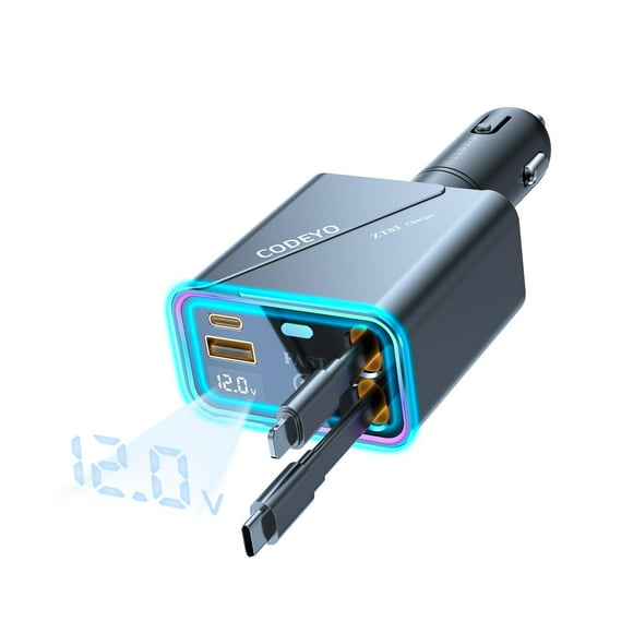 Cargador de coche CODEYO Cargador rápido retráctil 4 en 1 de 146 W gris