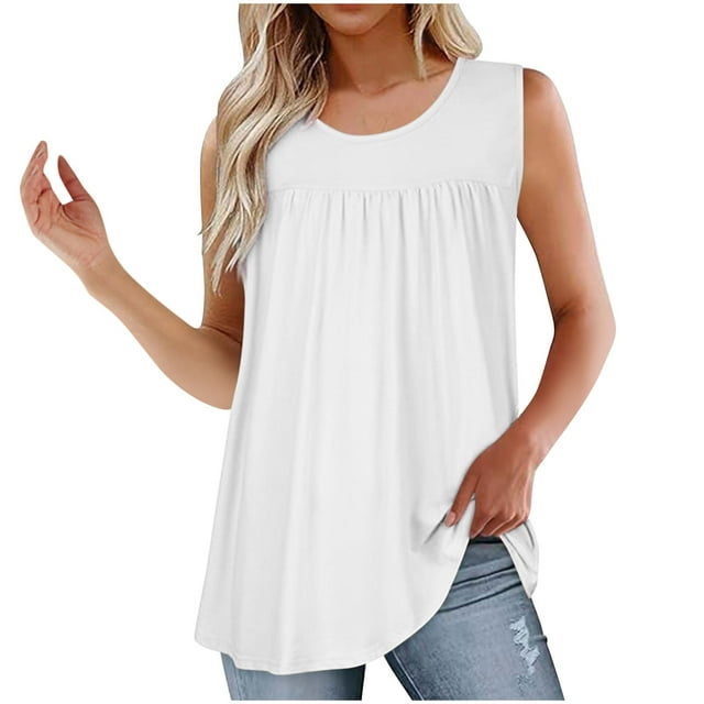 Vêtements pour Femmes Ndbuld Été Couleur Unie Col Rond Plissé Liquidation Moins de 10, Blanc, m