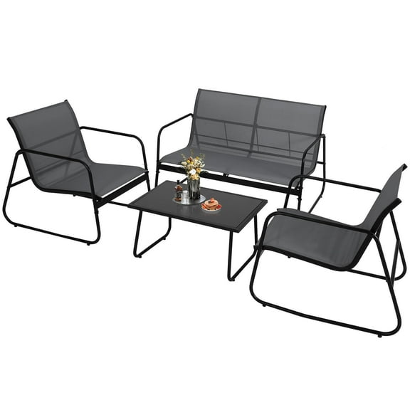 BouPower 4 Pieces Patio Furniture Set for Outdoor with Loveseat and 2 Textilene Fabric Chairs a Glass Coffee Table Steel Frame Small Bistro Table and Chairs Conversation Set for Backyard Balcony Lawn