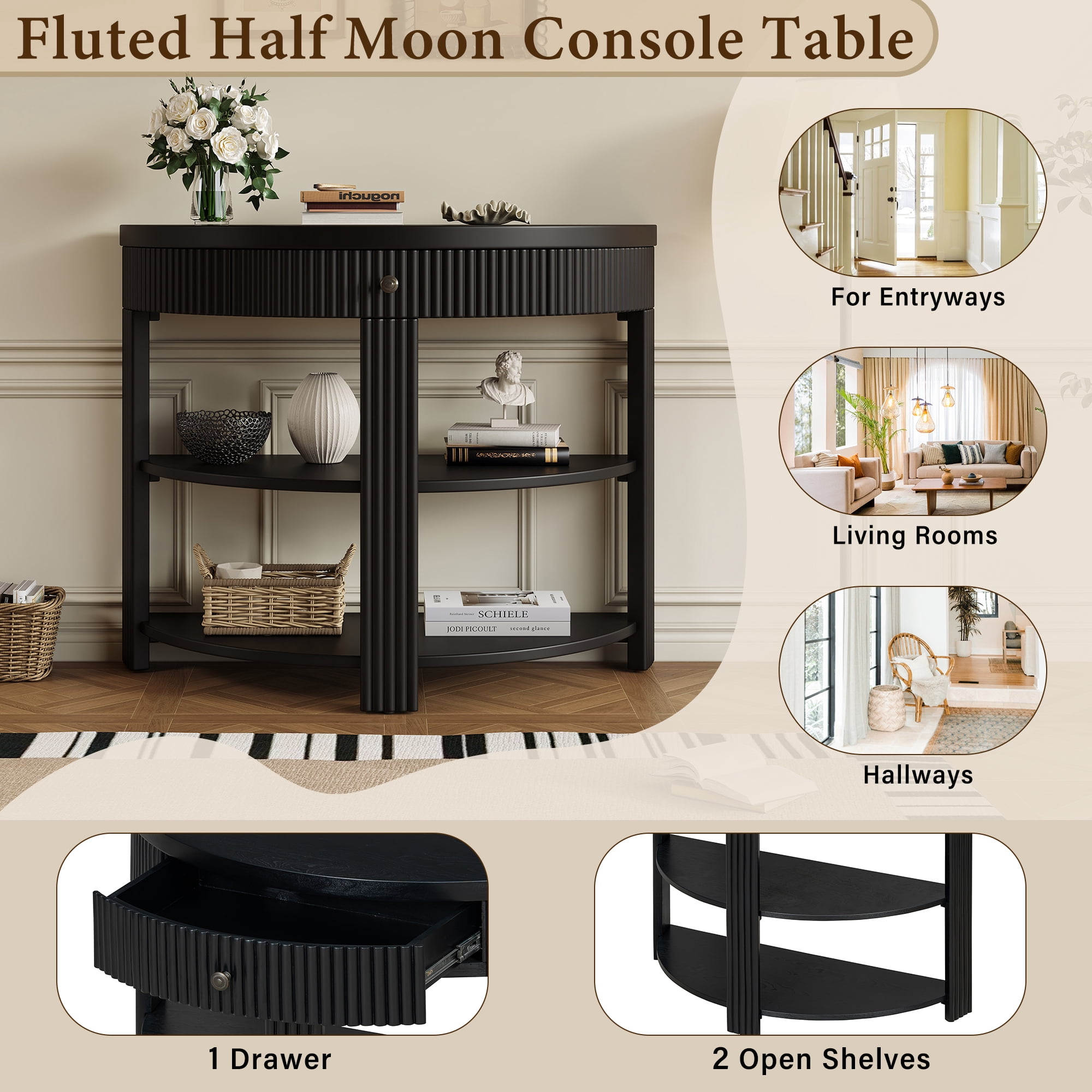 Aukfa 37" Fluted Half Moon Console Table with Drawer & Open Shelves, Entryway Accent Table for Living Room Hallway, Black