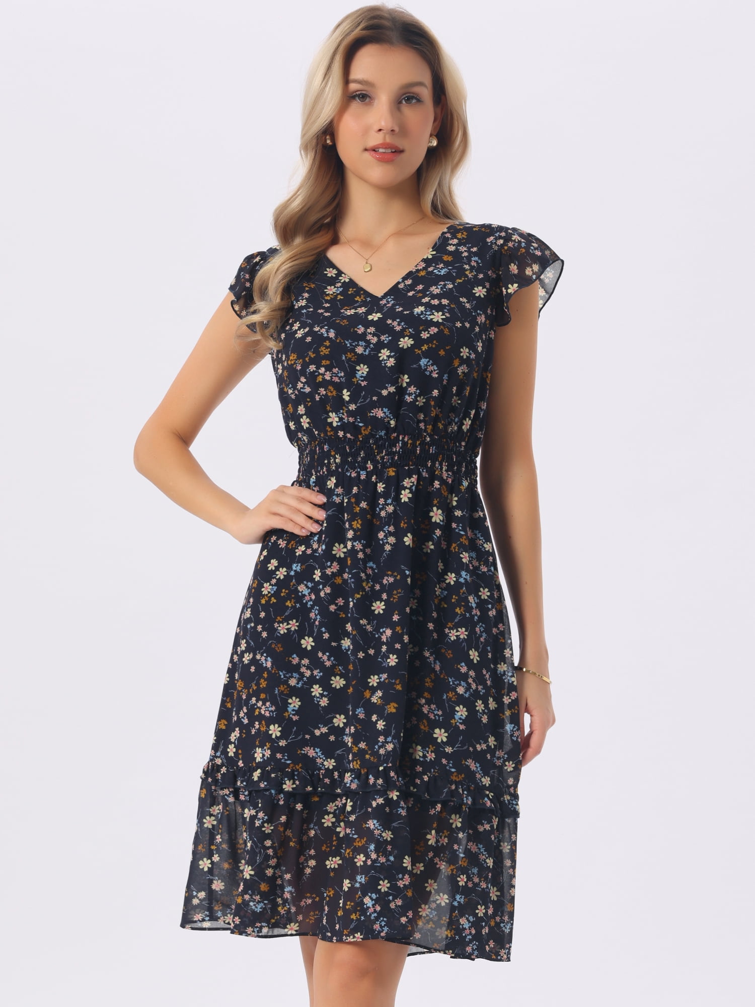 DARING DIVA Women's Floral Summer V Neck Flutter Sleeve Ruffle Dress XL Dark Blue Yellow