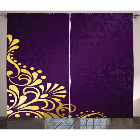 Yellow Damask Curtains 2 Panels Set Curvy Yellow Stems Ornament