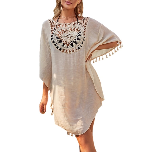 xiaxaixu Robe Courte d'Été pour Femmes, Motif Crochet Uni Chauve-Souris Manches Courtes Col Rond à Franges Ample
