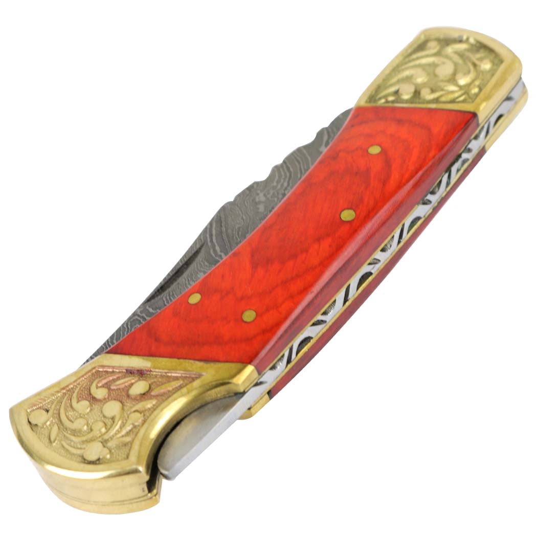 TheBoneEdge 9' Hand Made Damascus Blade Folding Knife Pakkawood Handle Orange