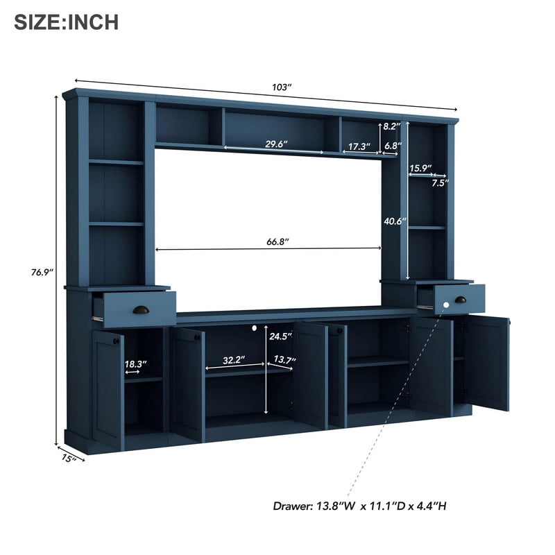 103'' W Entertainment Center Wall Unit with Bridge and Bookshelf for TVs Up to 75'', Minimalist TV Stand with Adjustable Shelves for Living Room